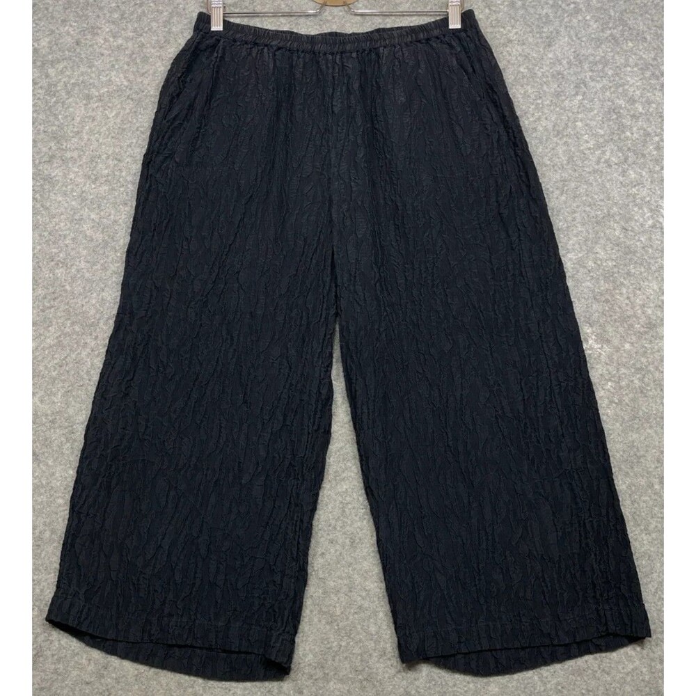 Dressori Pants Womens L Black Silk Wide Leg Cropped Textured Lagenlook Washable